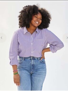 CLARE V. PHOEBE BLOUSE DARK LILAC/CREAM STRIPE Button-Down Shirt